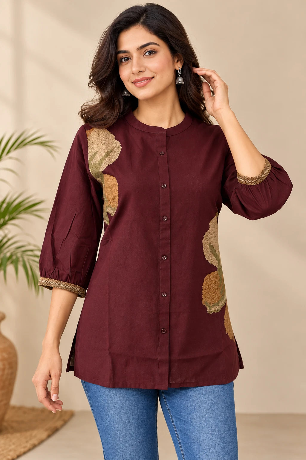 Brown Khadi Embroidered Short Tunic Top