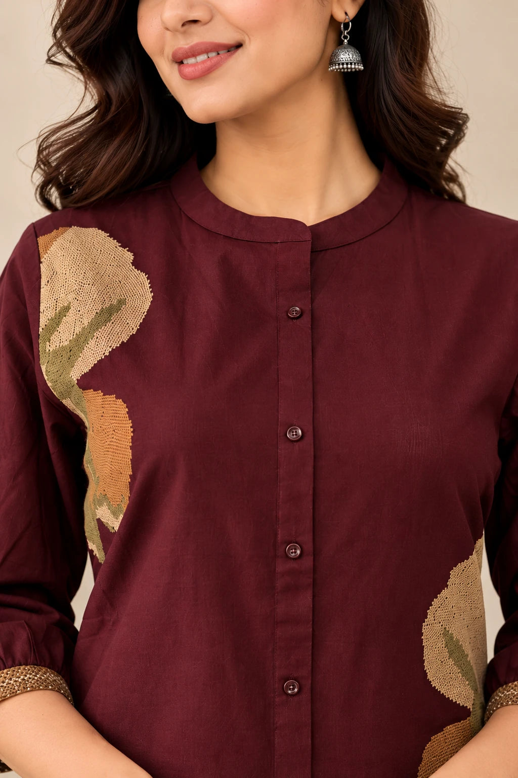 Brown Khadi Embroidered Short Tunic Top