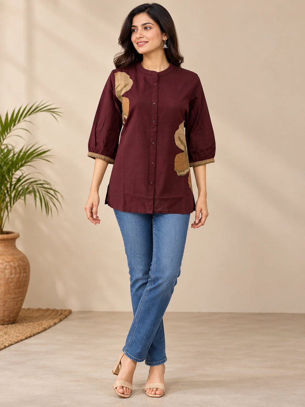 Brown Khadi Embroidered Short Tunic Top
