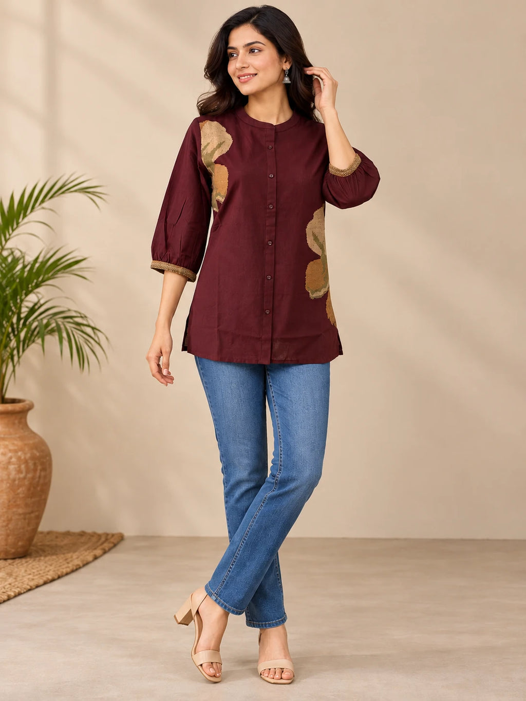 Brown Khadi Embroidered Short Tunic Top