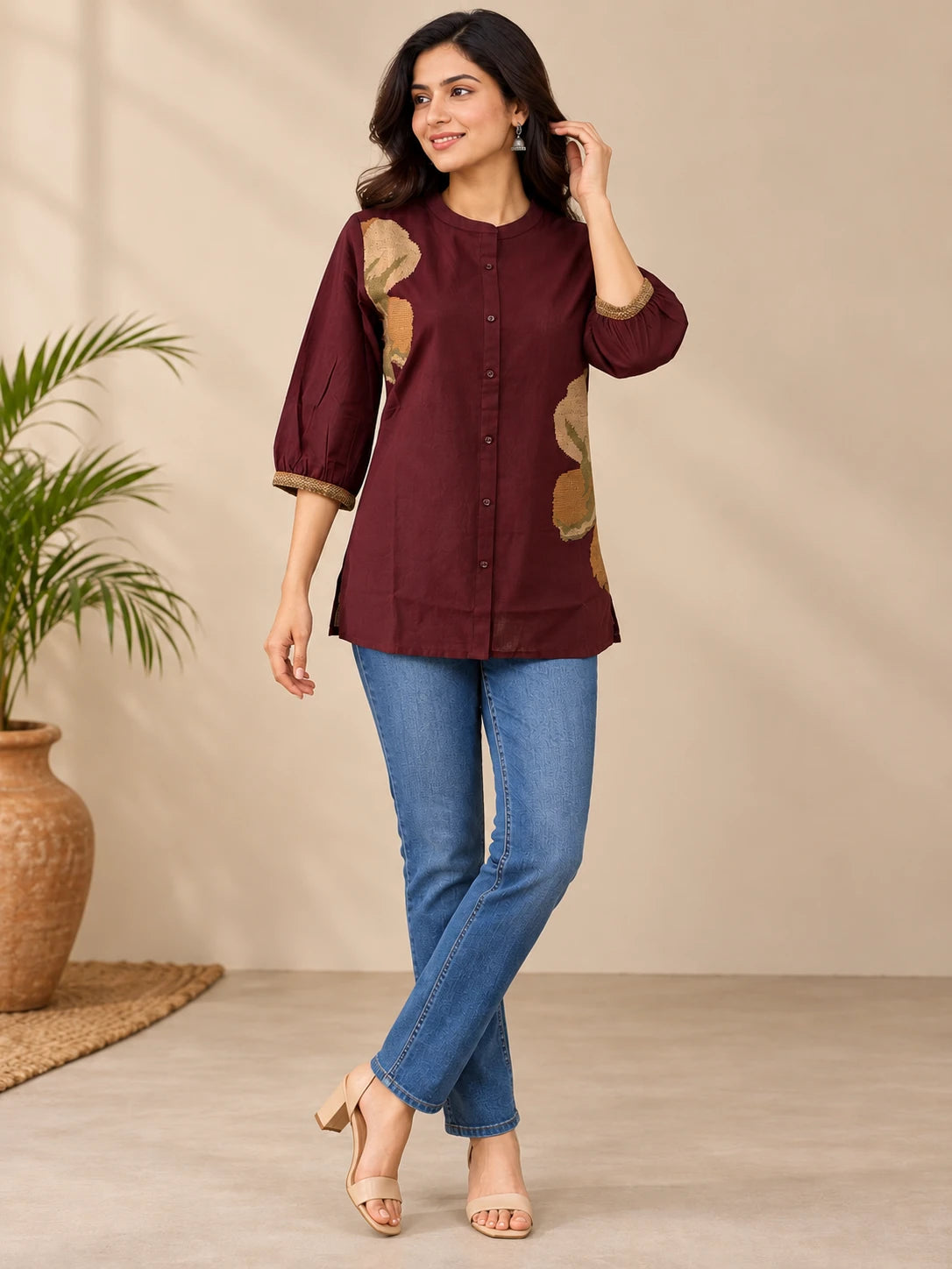 Brown Khadi Embroidered Short Tunic Top