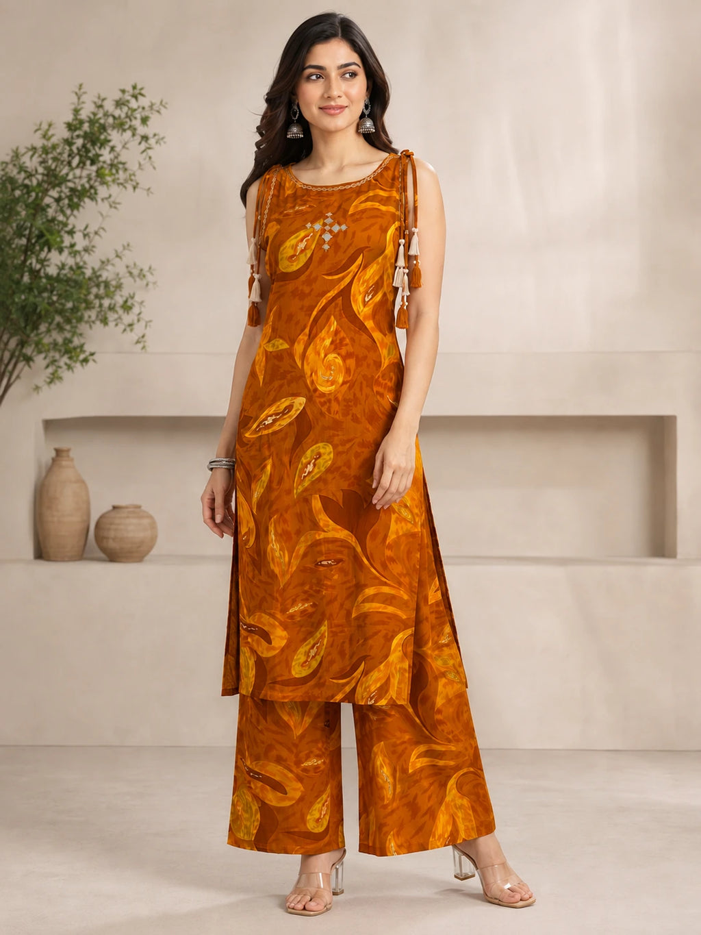 Mustard Printed Boat Neck Co-ord Set