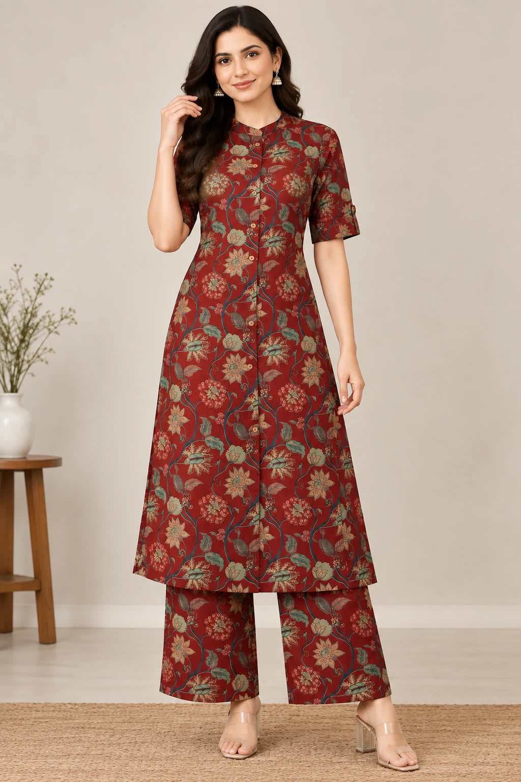 Maroon Floral Cambric Cotton A-Line Kurta Palazzo Set