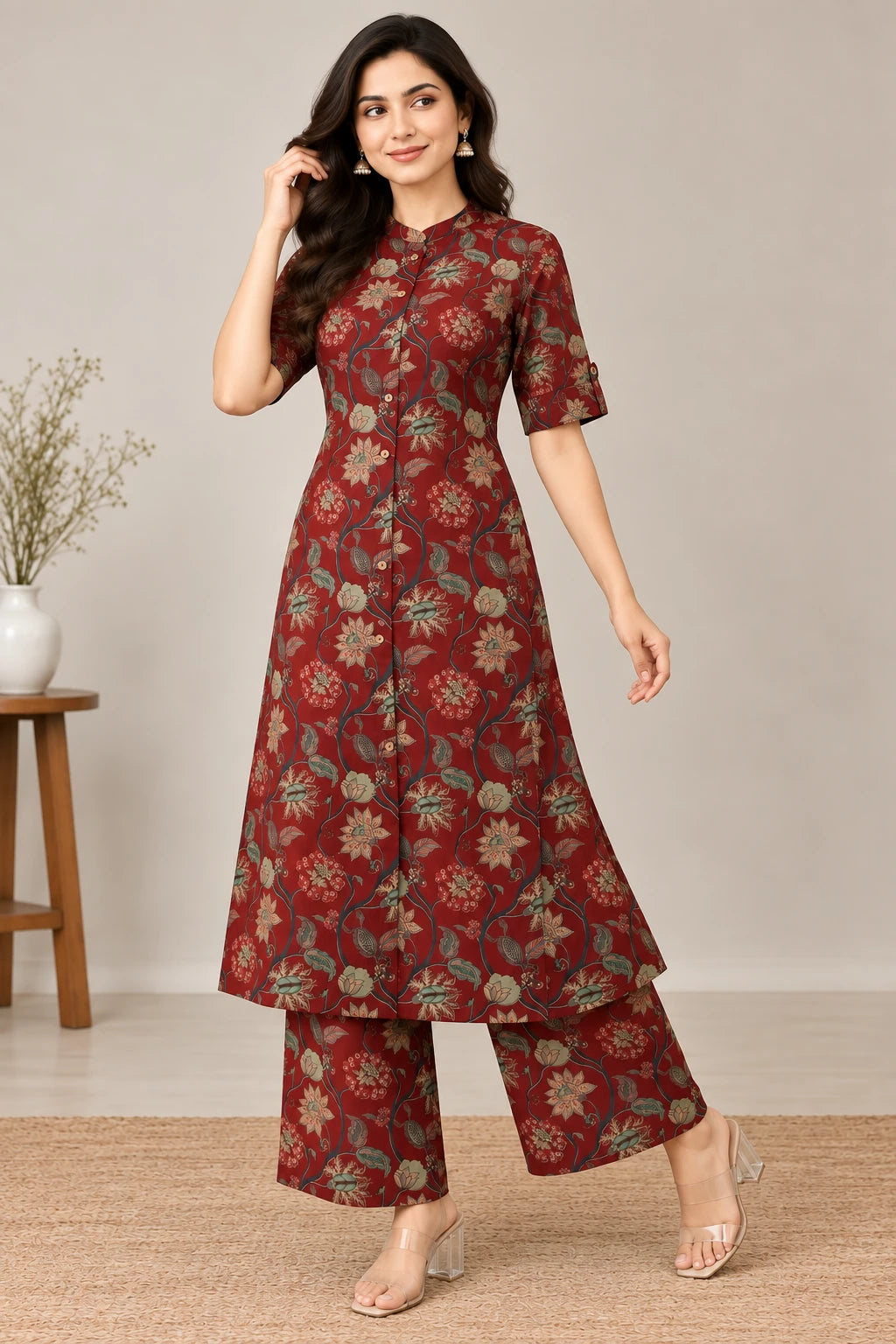 Maroon Floral Cambric Cotton A-Line Kurta Palazzo Set
