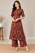 Maroon Floral Cambric Cotton A-Line Kurta Palazzo Set