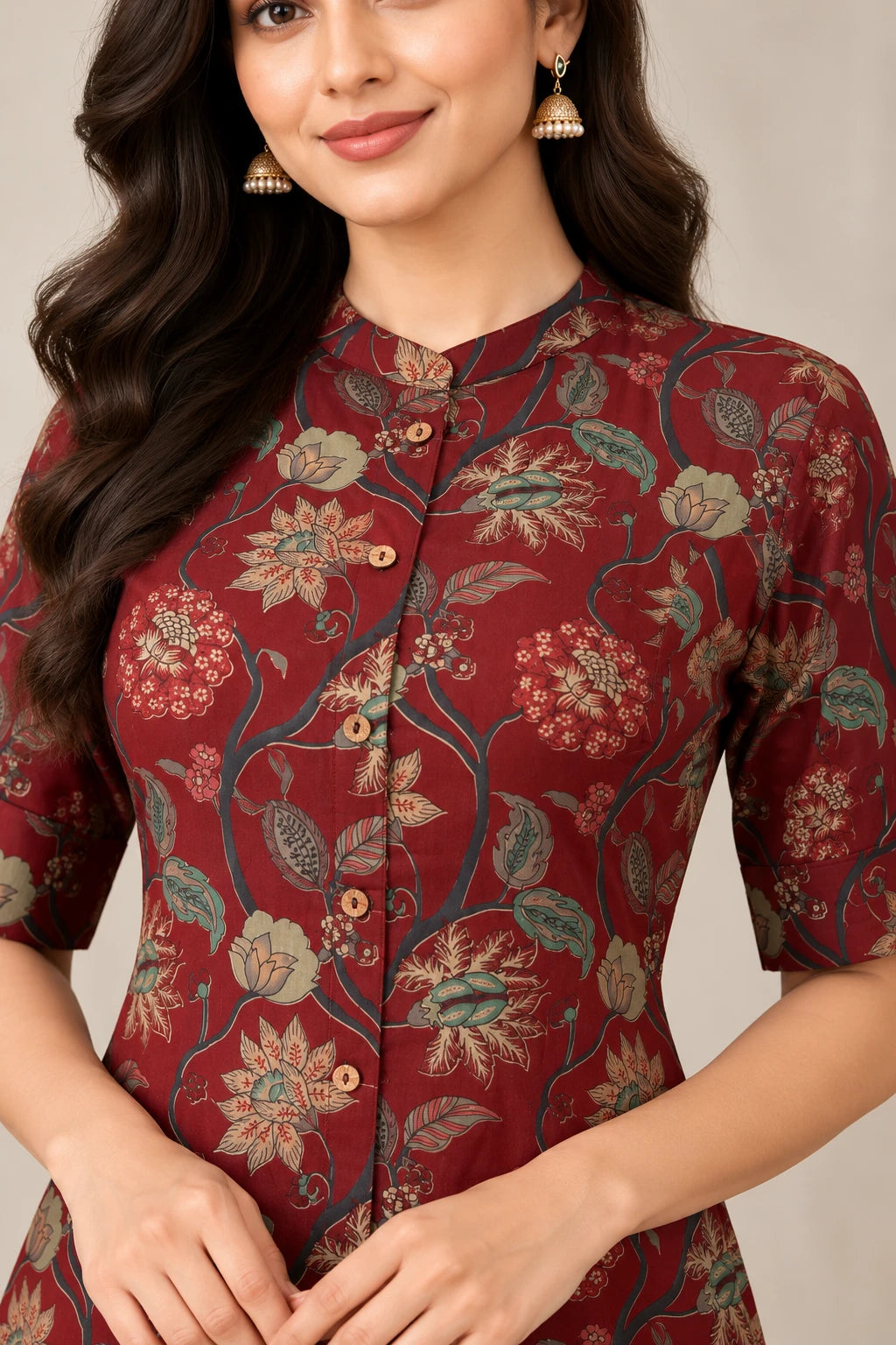 Maroon Floral Cambric Cotton A-Line Kurta Palazzo Set