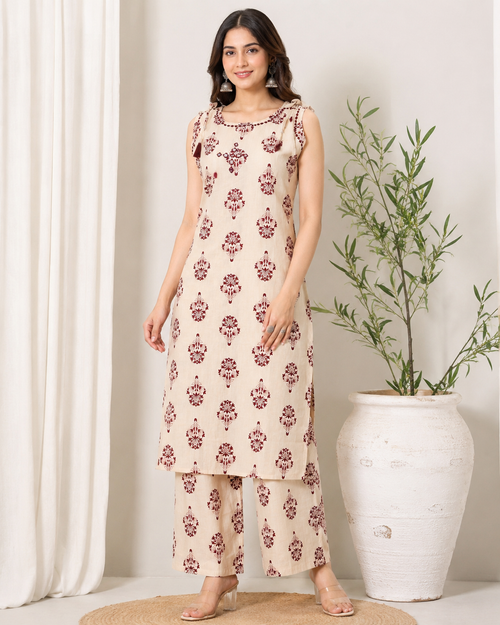 CREAME - BRWN PRNT KNOT CO-ORD SET