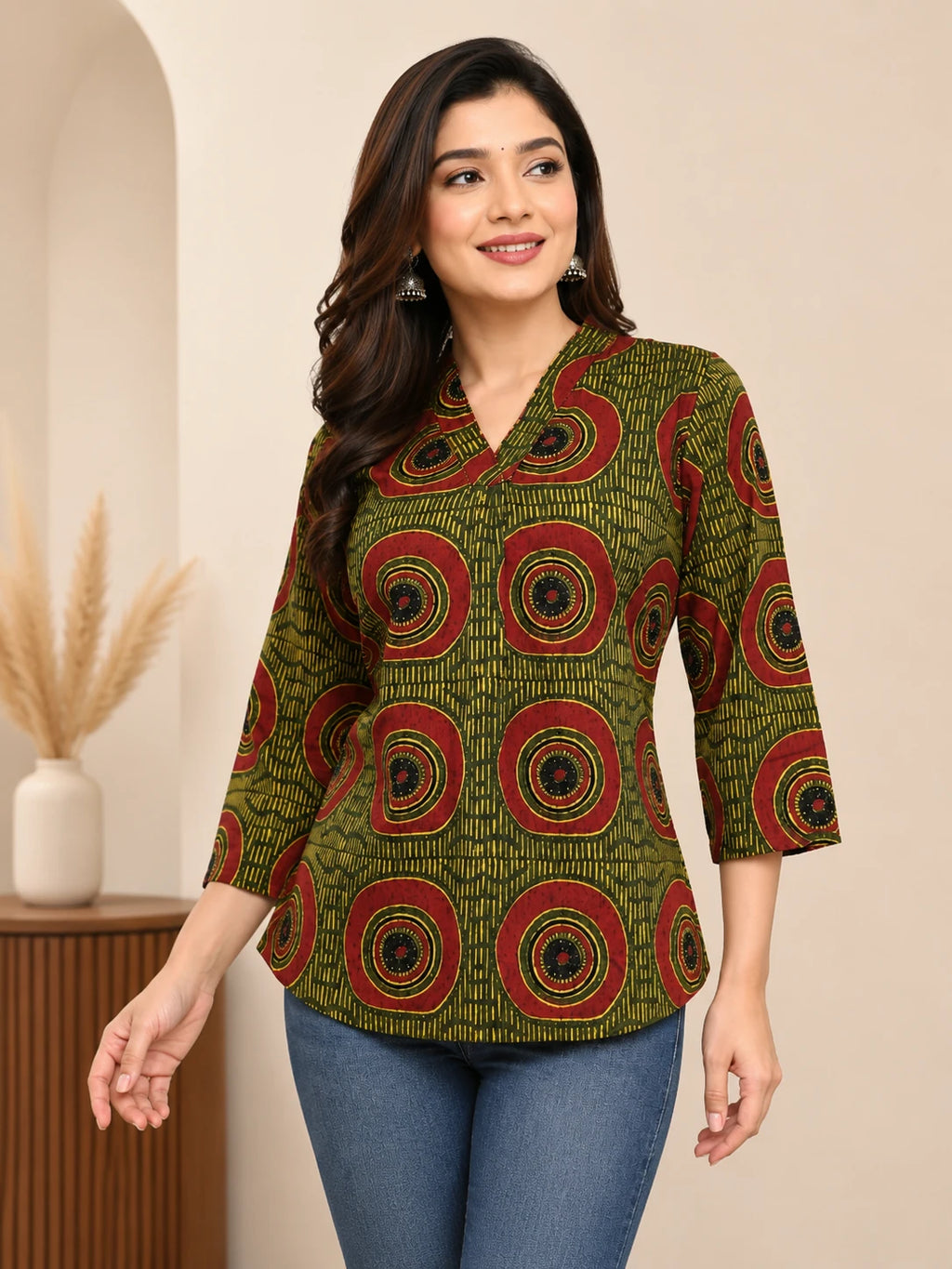 Green V-neck Cotton Tunic Top