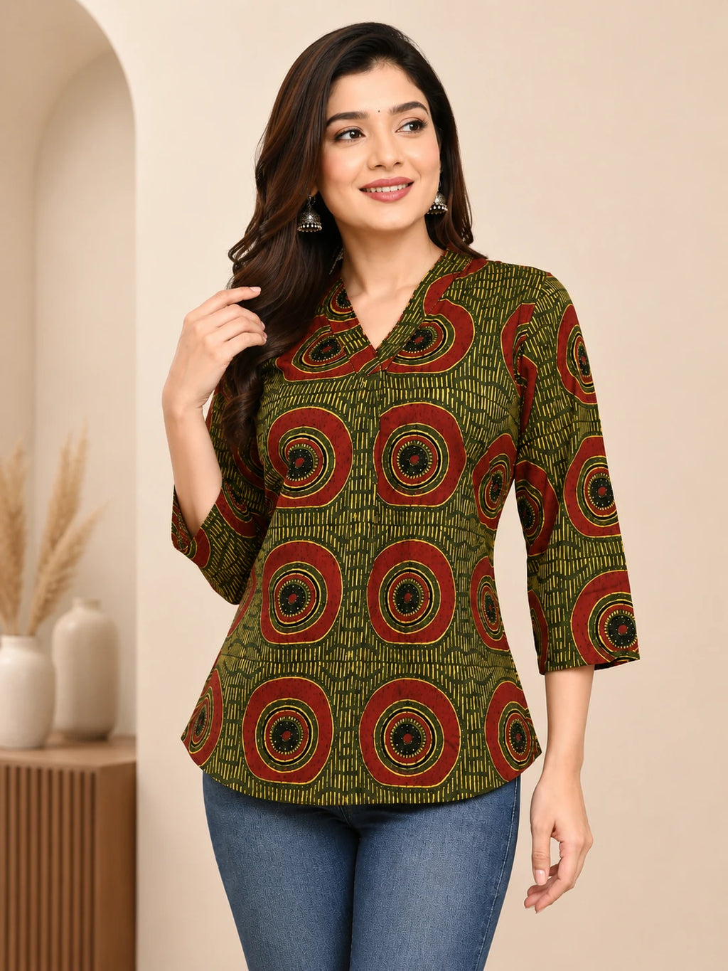 Green V-neck Cotton Tunic Top