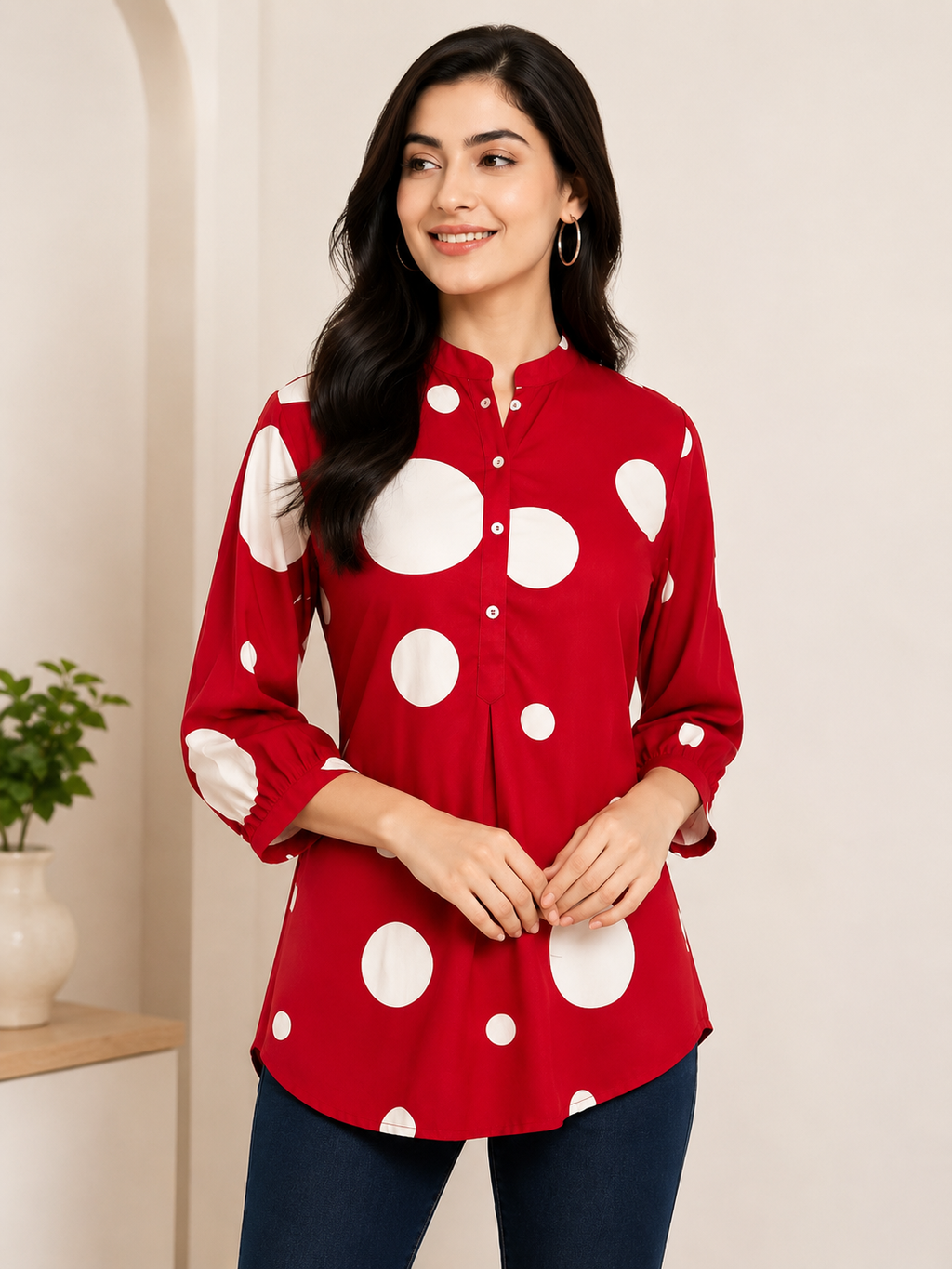 Red Rayon Tunic Top with Polka Dots