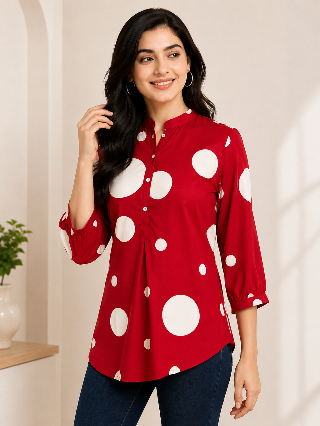 Red Rayon Tunic Top with Polka Dots