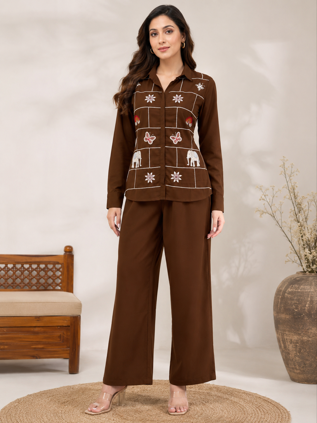 Brown Embroidered Short Shirt &amp; Pant Co-ord Set