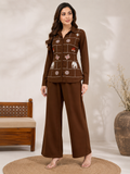 Brown Embroidered Short Shirt &amp; Pant Co-ord Set