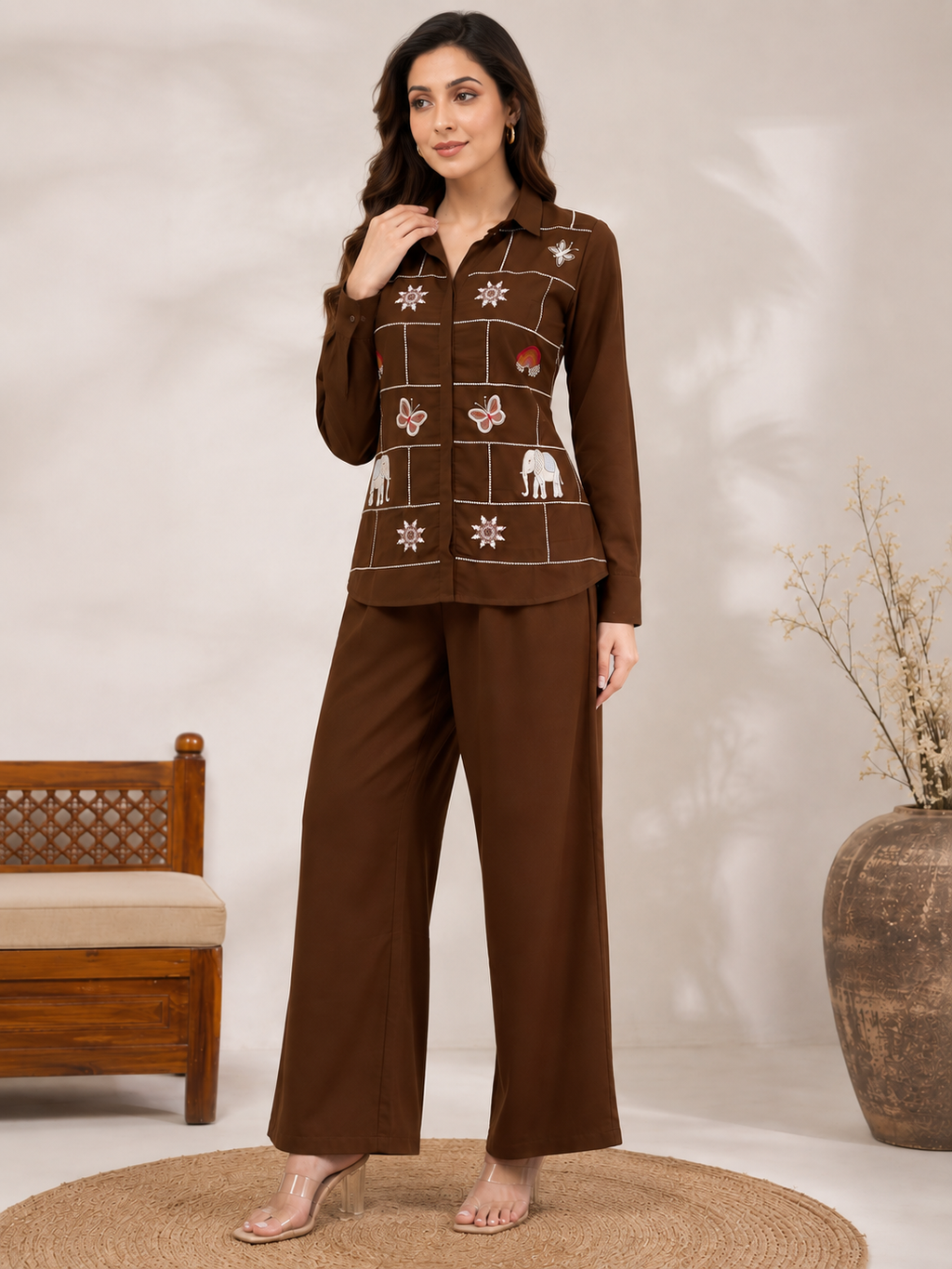 Brown Embroidered Short Shirt &amp; Pant Co-ord Set