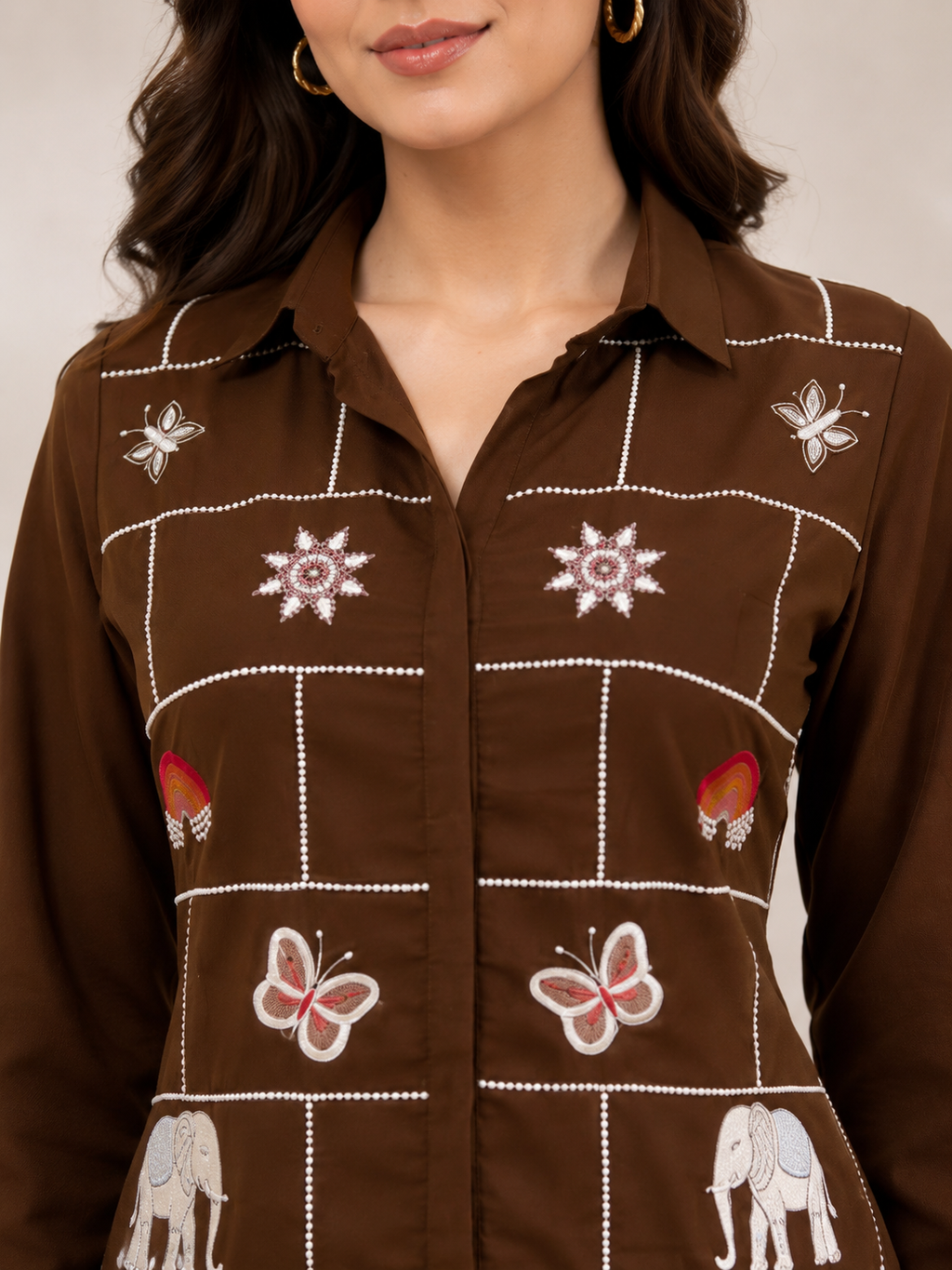Brown Embroidered Short Shirt &amp; Pant Co-ord Set