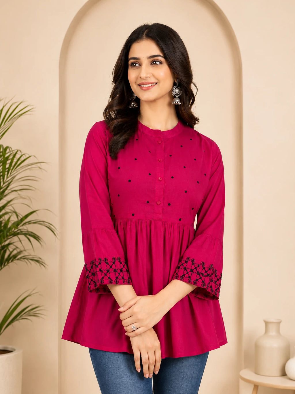 Fuchsia Cotton Frill Tunic Top