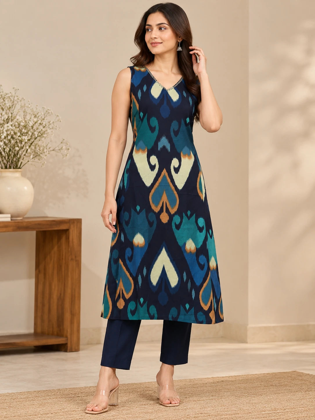 Teal Green Ikkat Rayon Kurta Palazzo Set