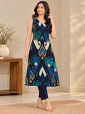 Teal Green Ikkat Rayon Kurta Palazzo Set