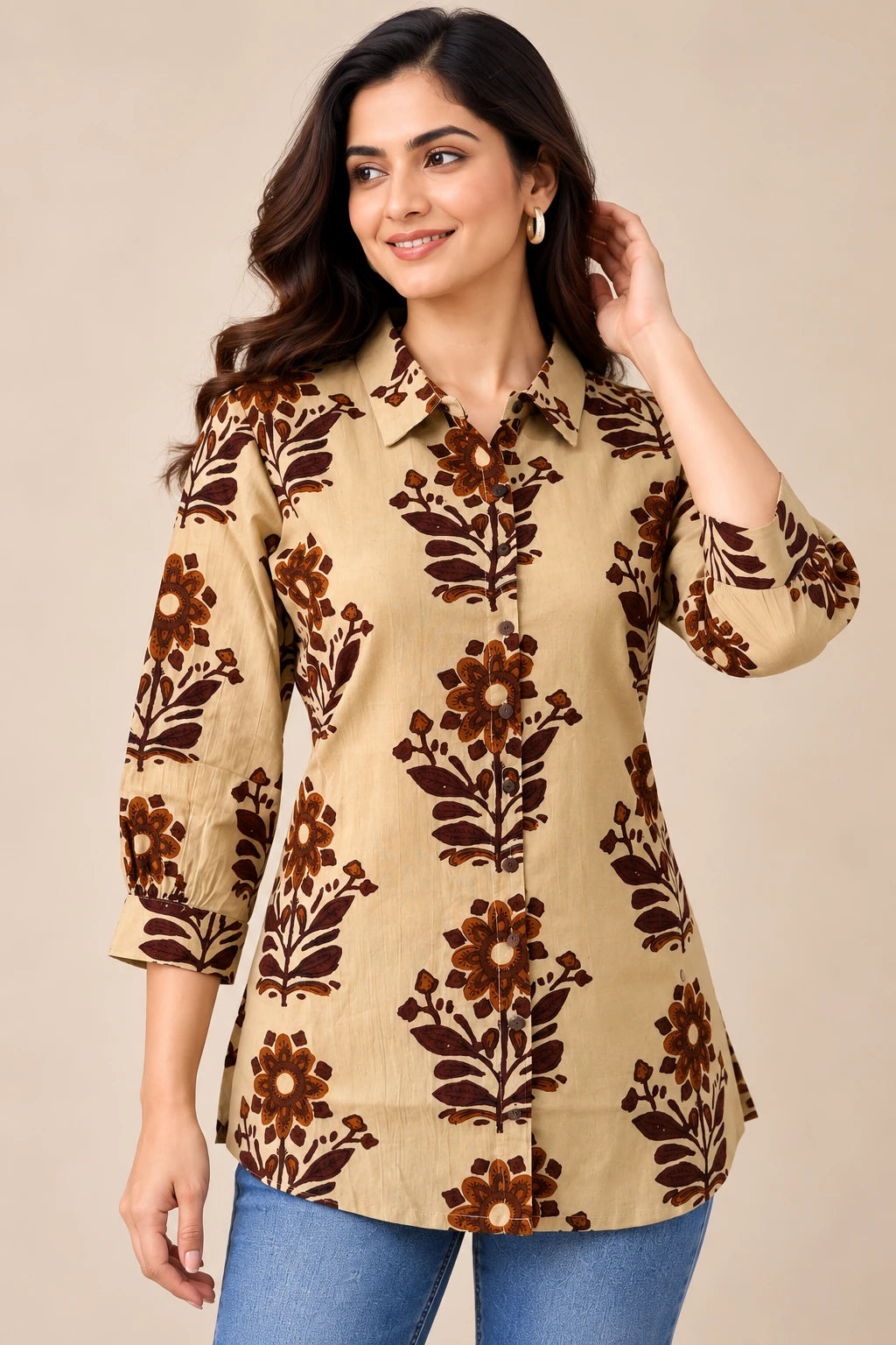 Beige and Brown Floral Tunic