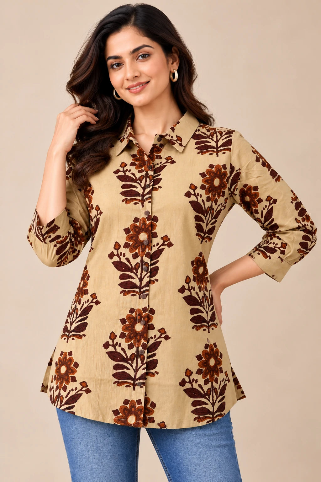 Beige and Brown Floral Tunic
