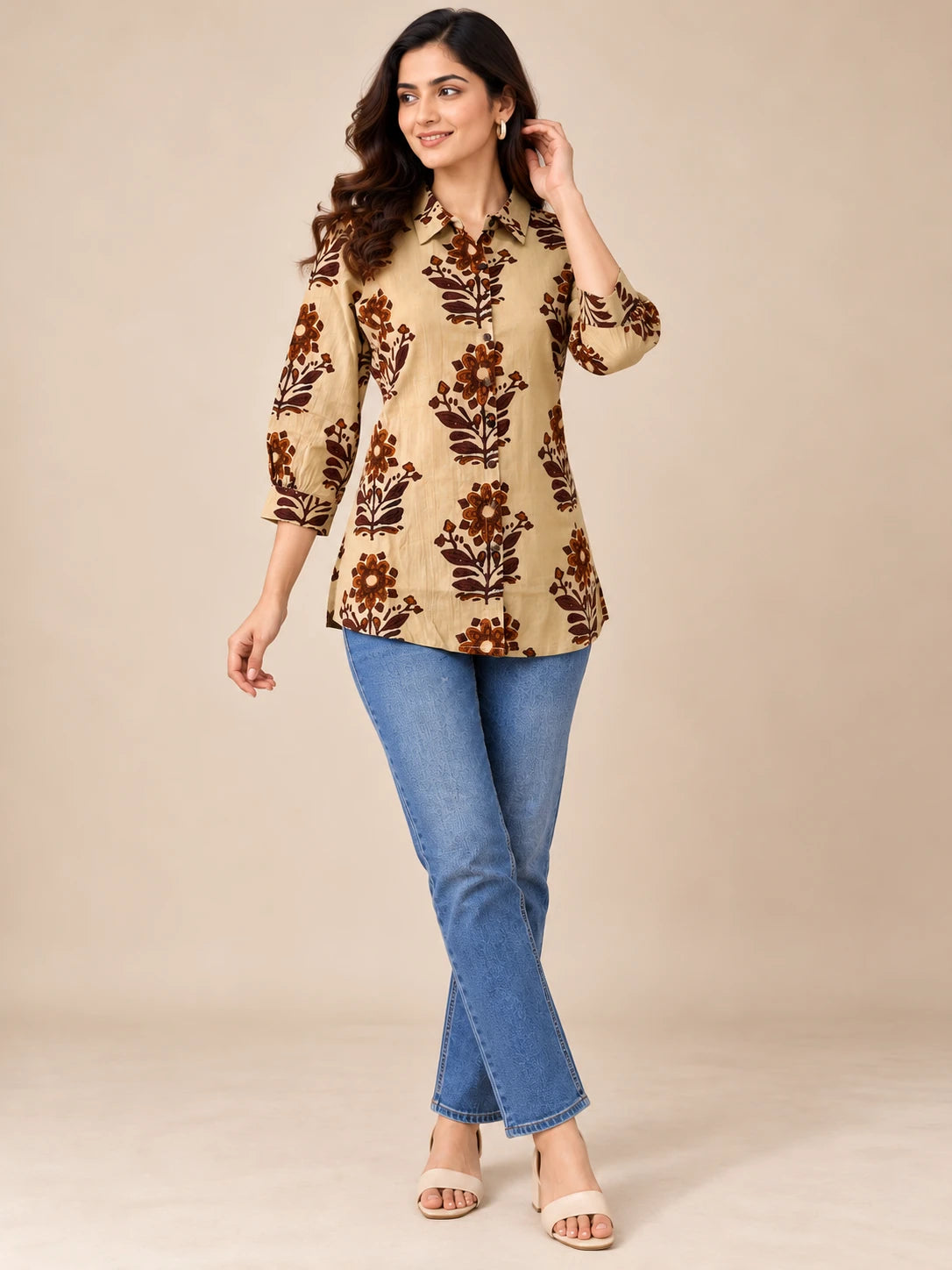 Beige and Brown Floral Tunic