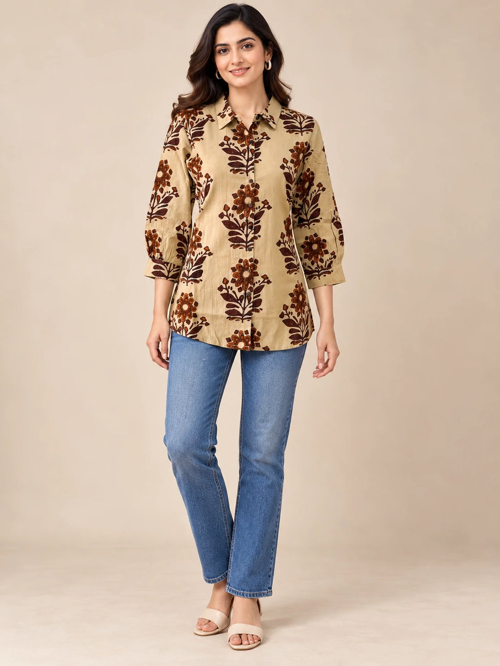 Beige and Brown Floral Tunic
