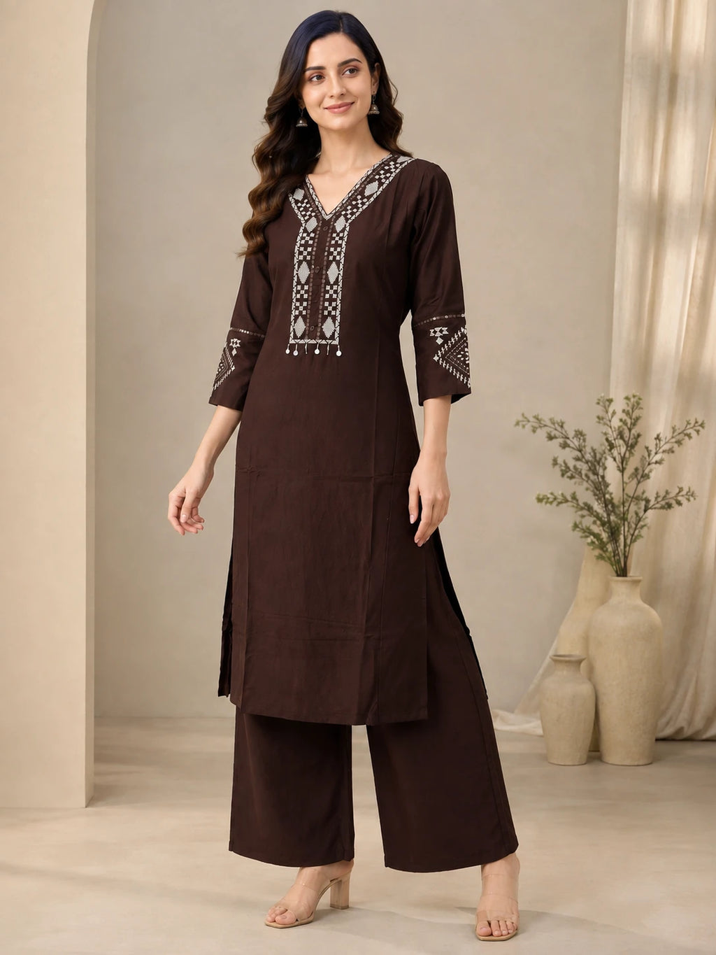 Brown V-Neck Embroidered Sui Slub Co-ord Set