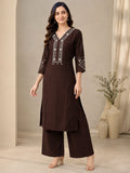 Brown V-Neck Embroidered Sui Slub Co-ord Set