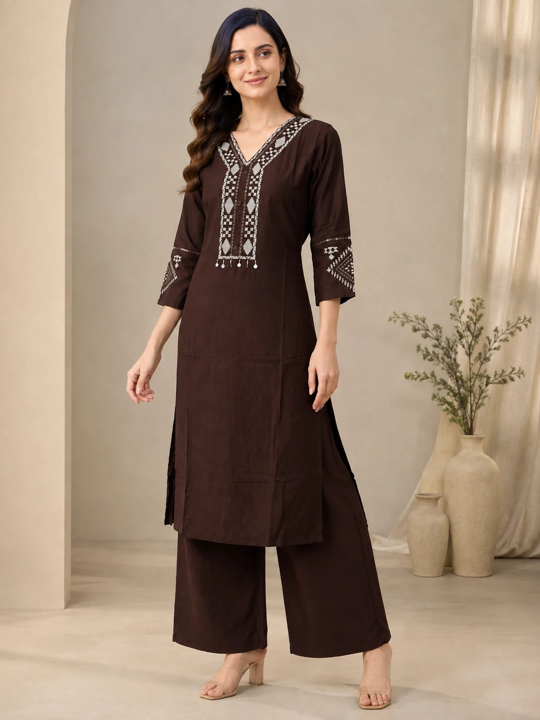 Brown V-Neck Embroidered Sui Slub Co-ord Set