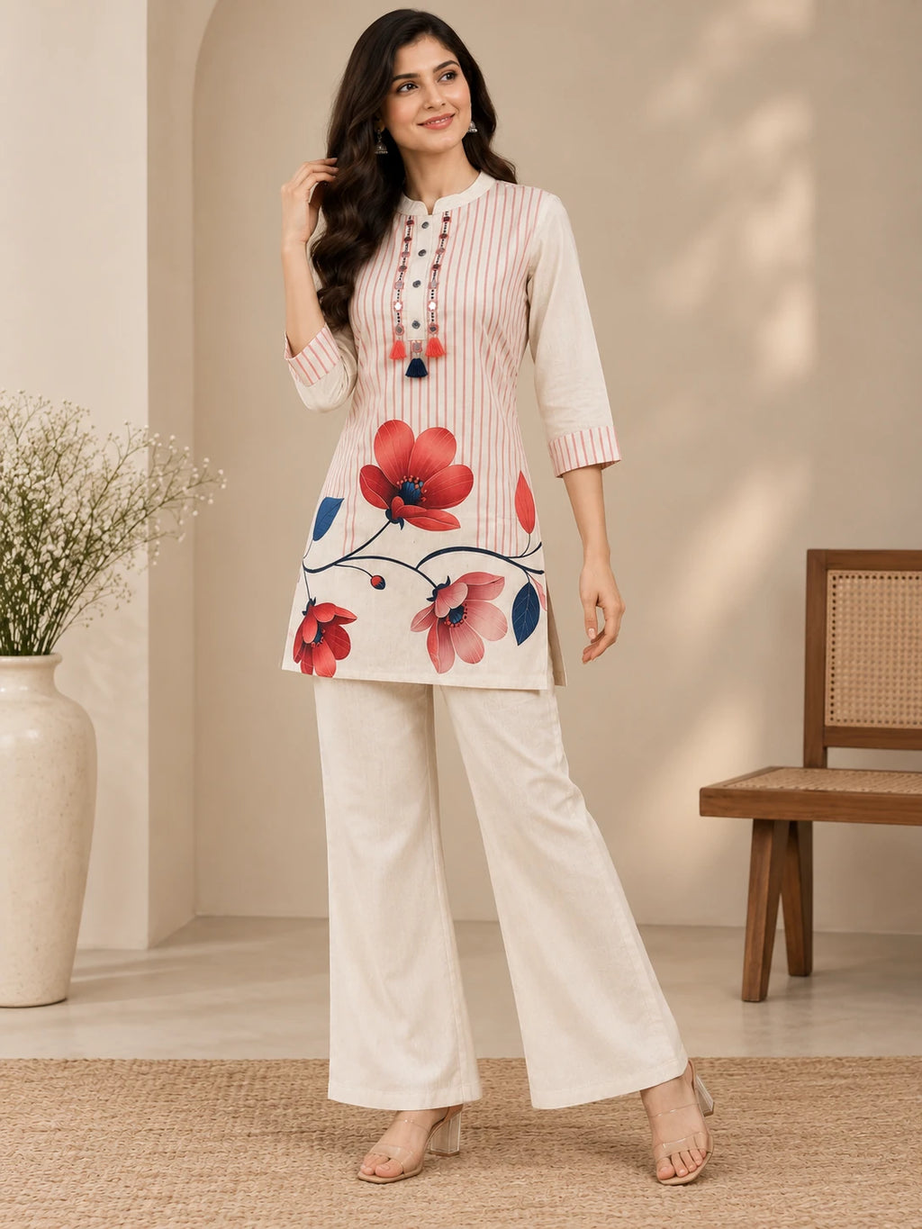 WHITE KHADI FLORAL SHORT CO-ORD SET