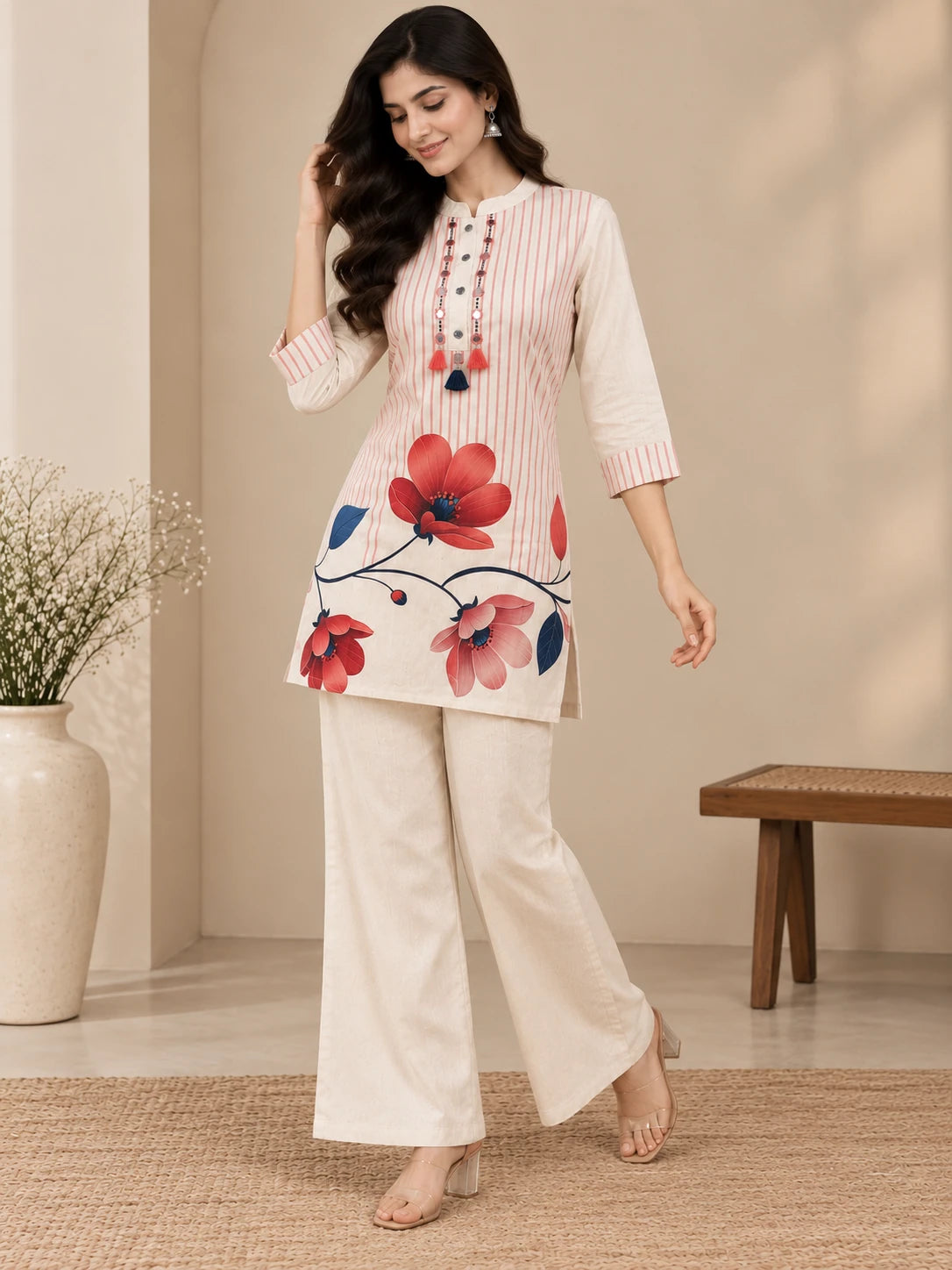WHITE KHADI FLORAL SHORT CO-ORD SET