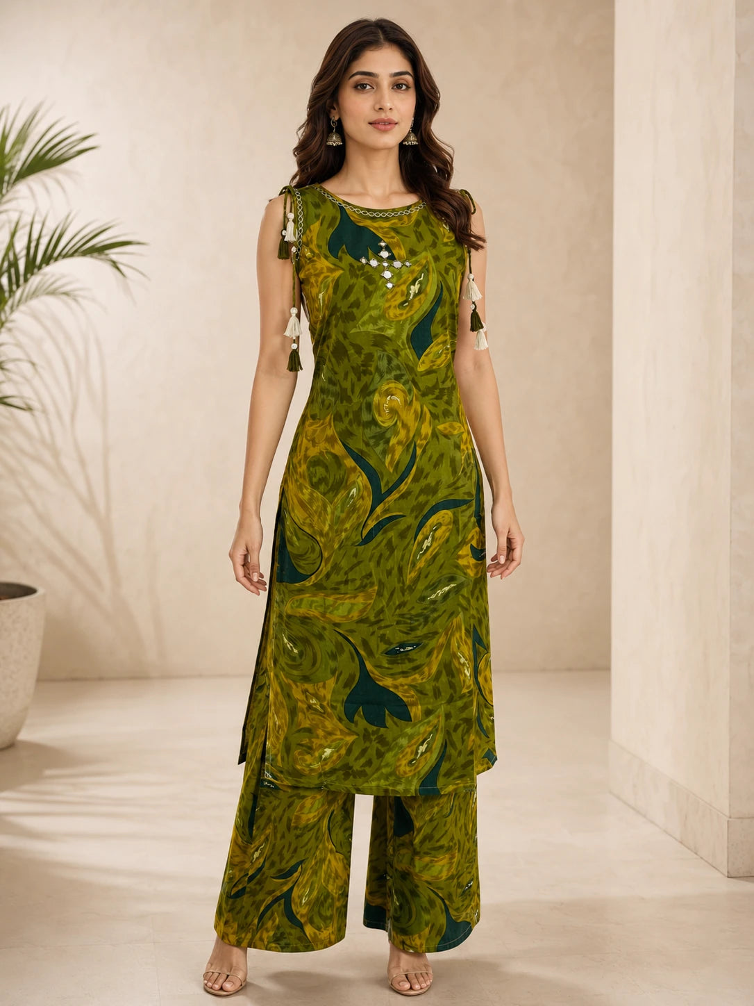 Green Printed Boat Neck Co-ord Set