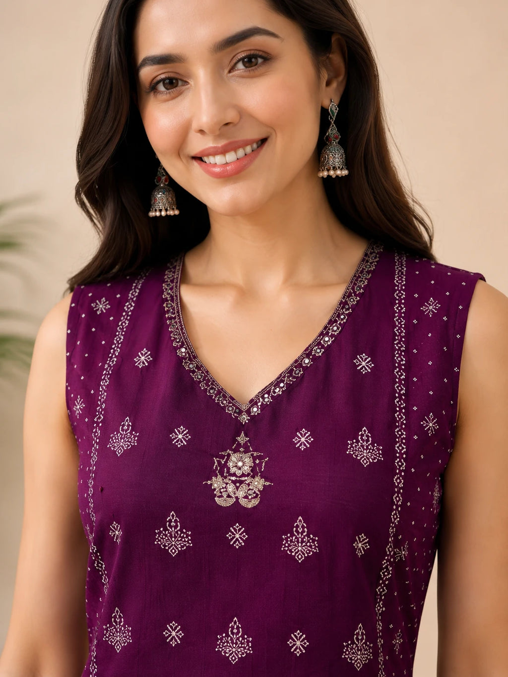 Purple Printed A-Line Kurta with Solid Palazzo