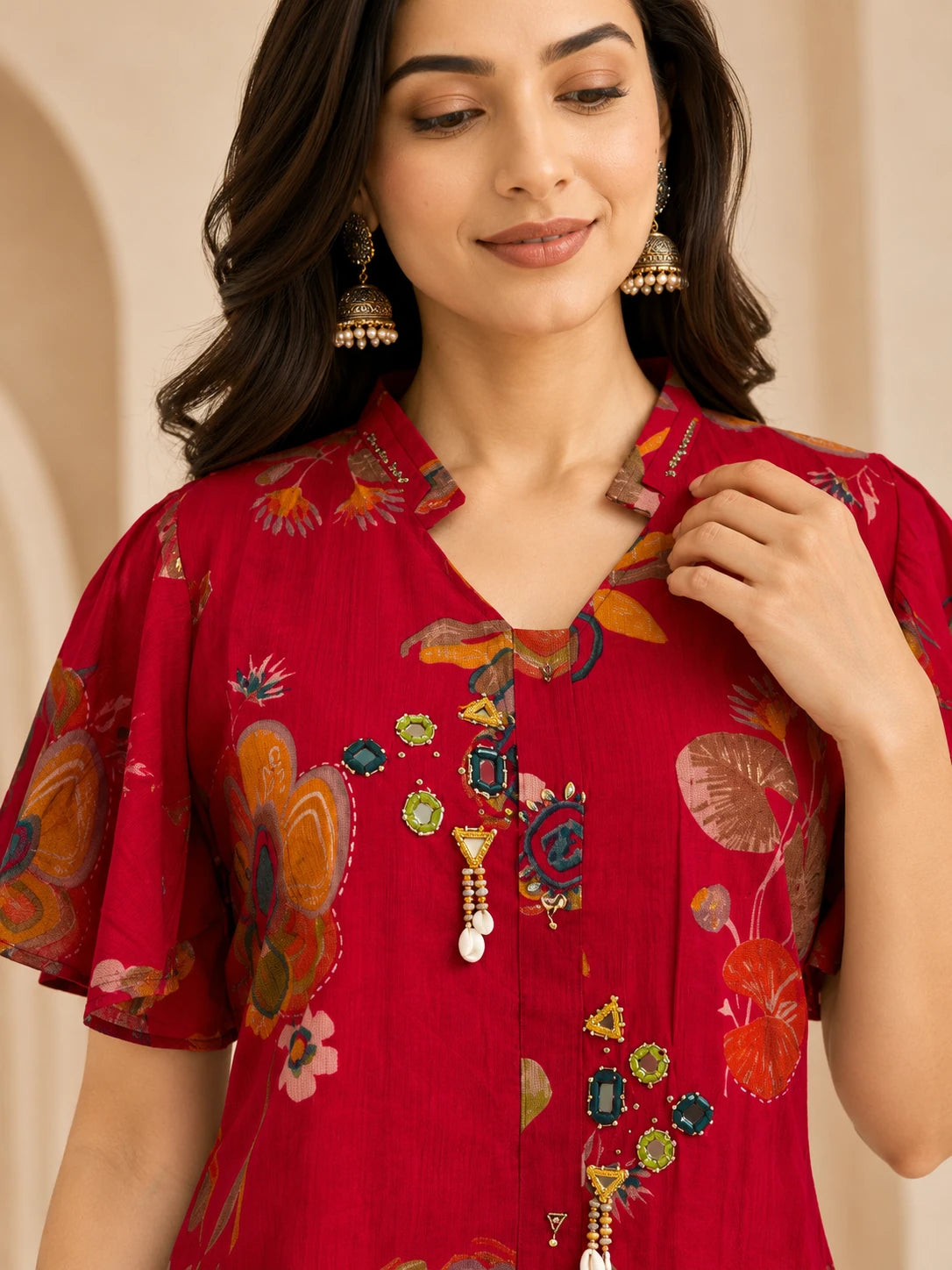 Ruby Red Printed Fish-Cut Short Kurta Co-ord Set