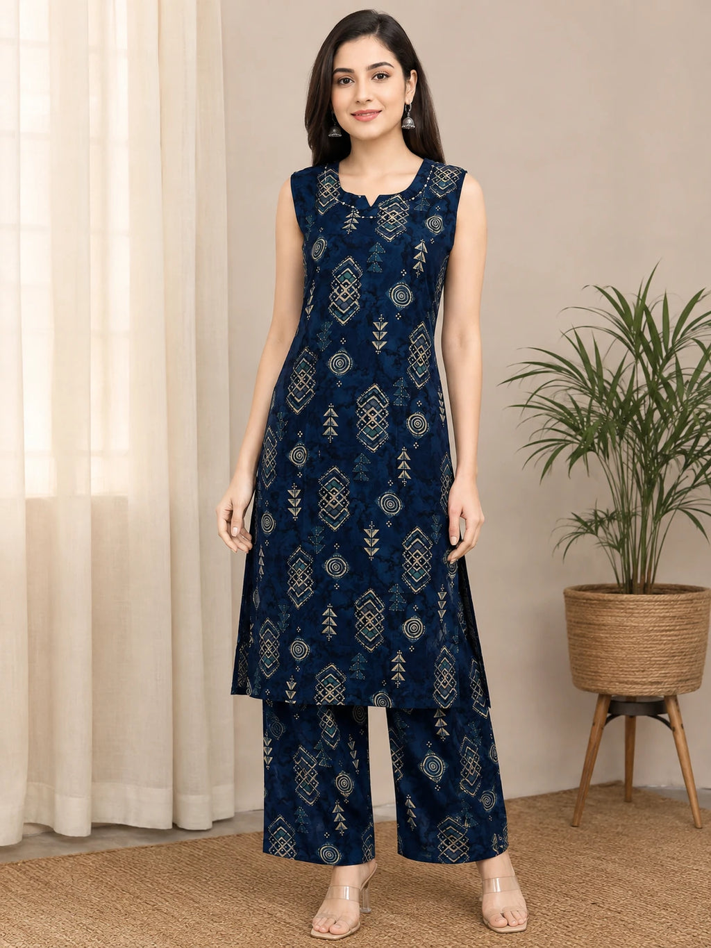 Royal Blue Rayon Katha Work Printed Co-ord Set