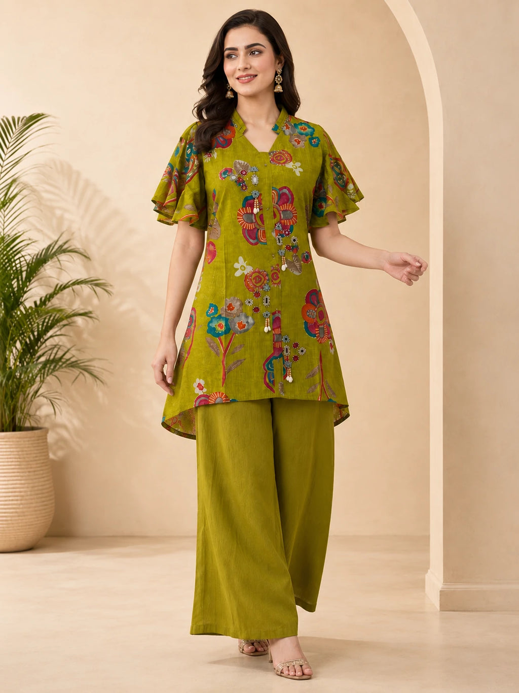 Olive Green Floral Printed Short Co-ord Set