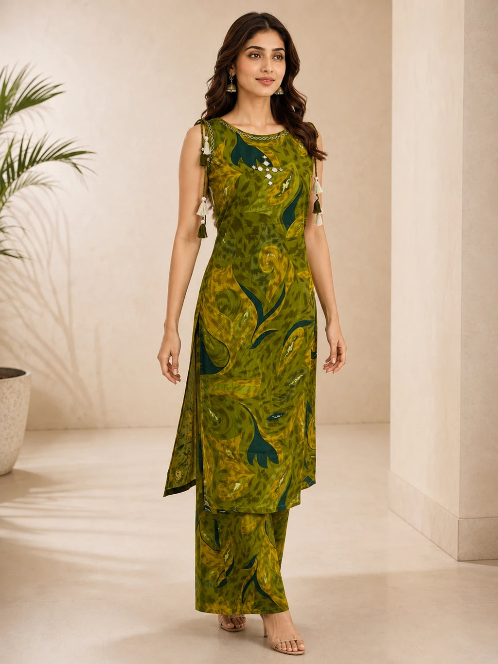 Green Printed Boat Neck Co-ord Set
