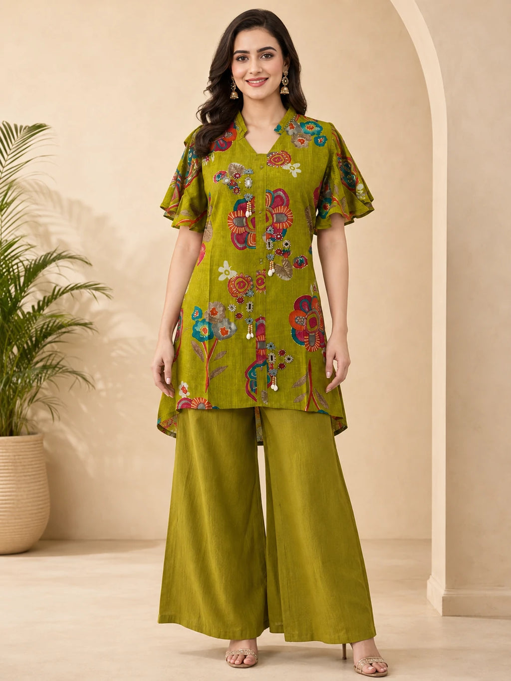 Olive Green Floral Printed Short Co-ord Set