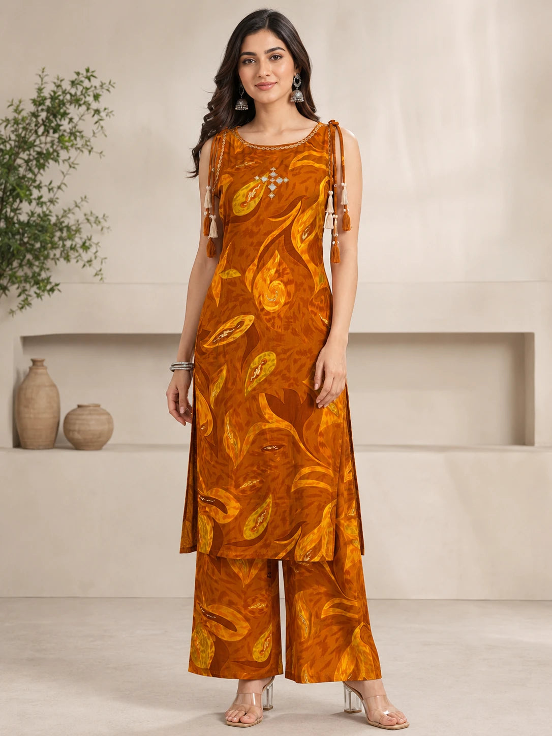 Mustard Printed Boat Neck Co-ord Set