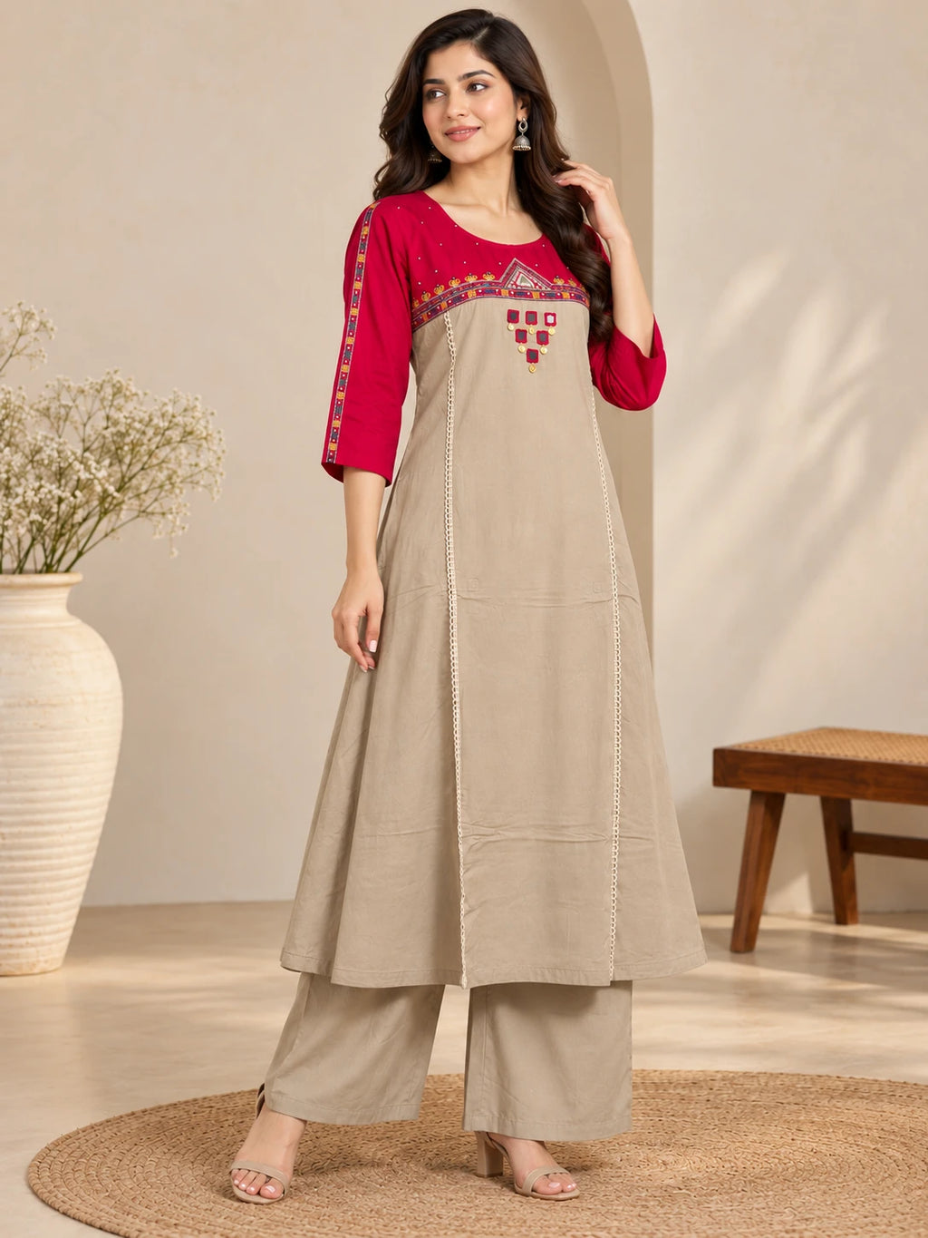 Pink Sui Slub Embroidered Kurta Palazzo Set
