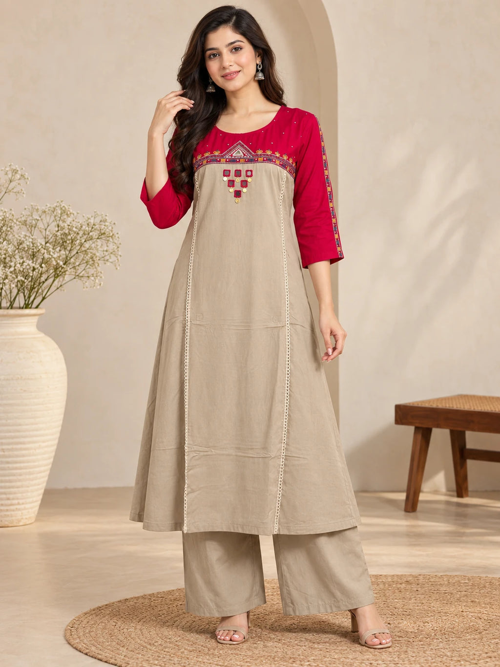 Pink Sui Slub Embroidered Kurta Palazzo Set