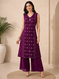 Purple Printed A-Line Kurta with Solid Palazzo