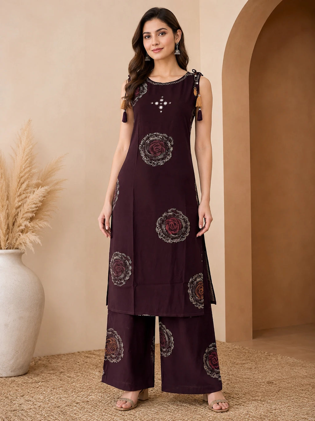 Brown Printed Boat Neck Co-ord Set