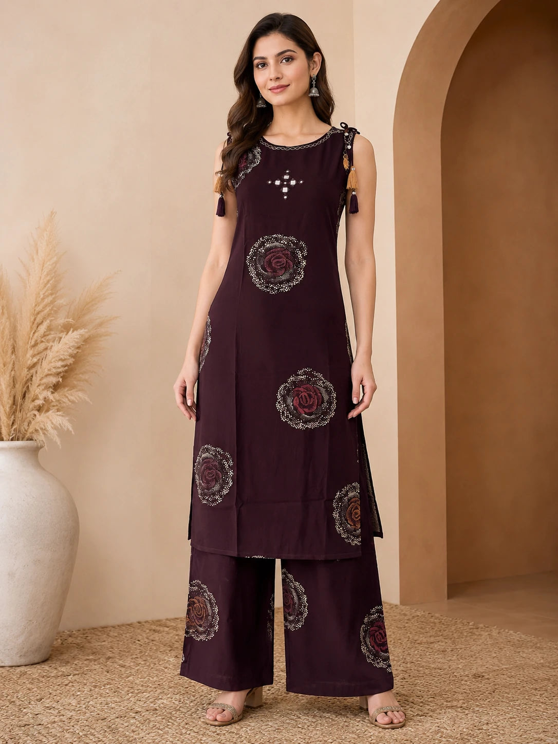 Brown Printed Boat Neck Co-ord Set
