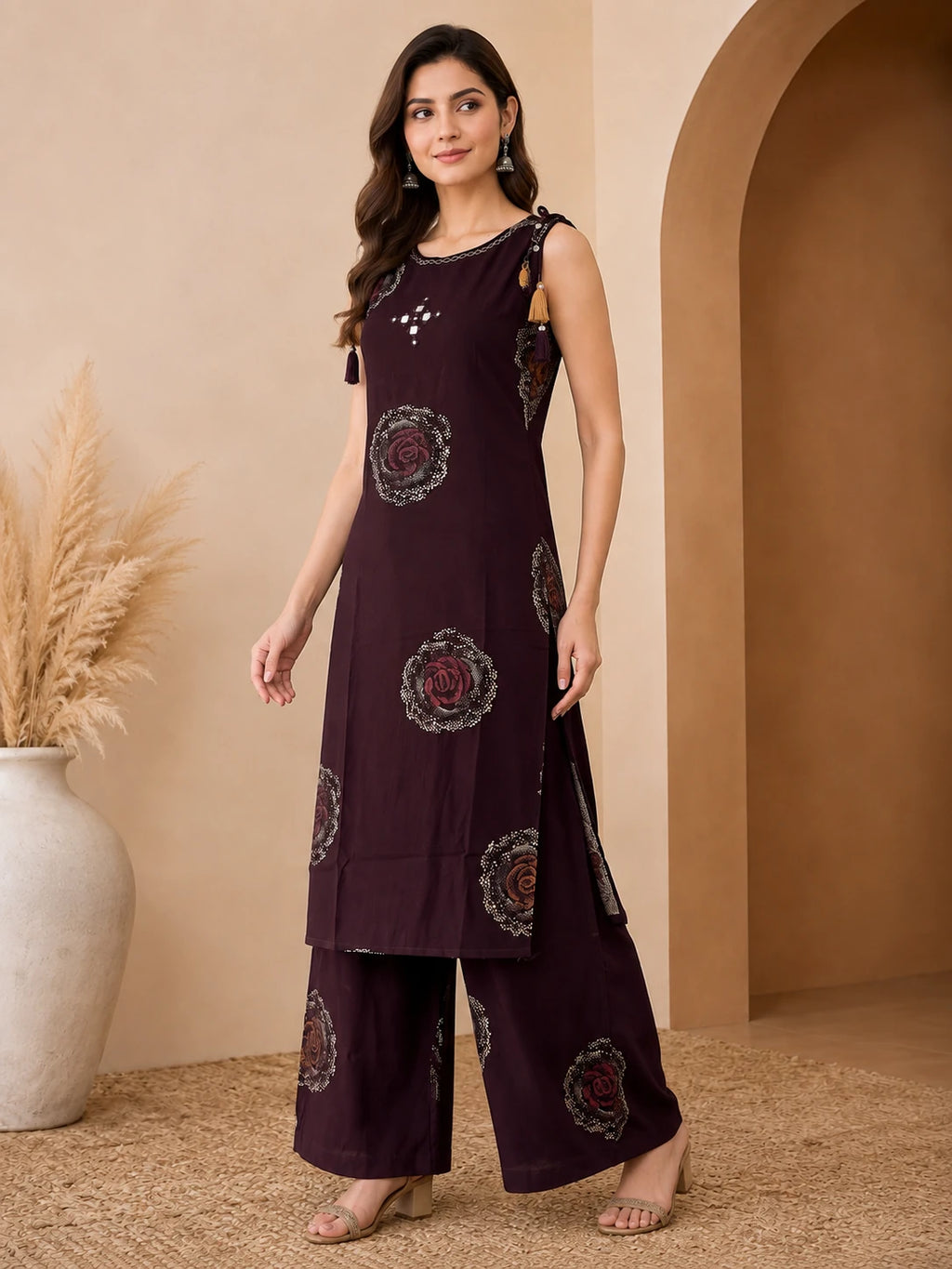 Brown Printed Boat Neck Co-ord Set