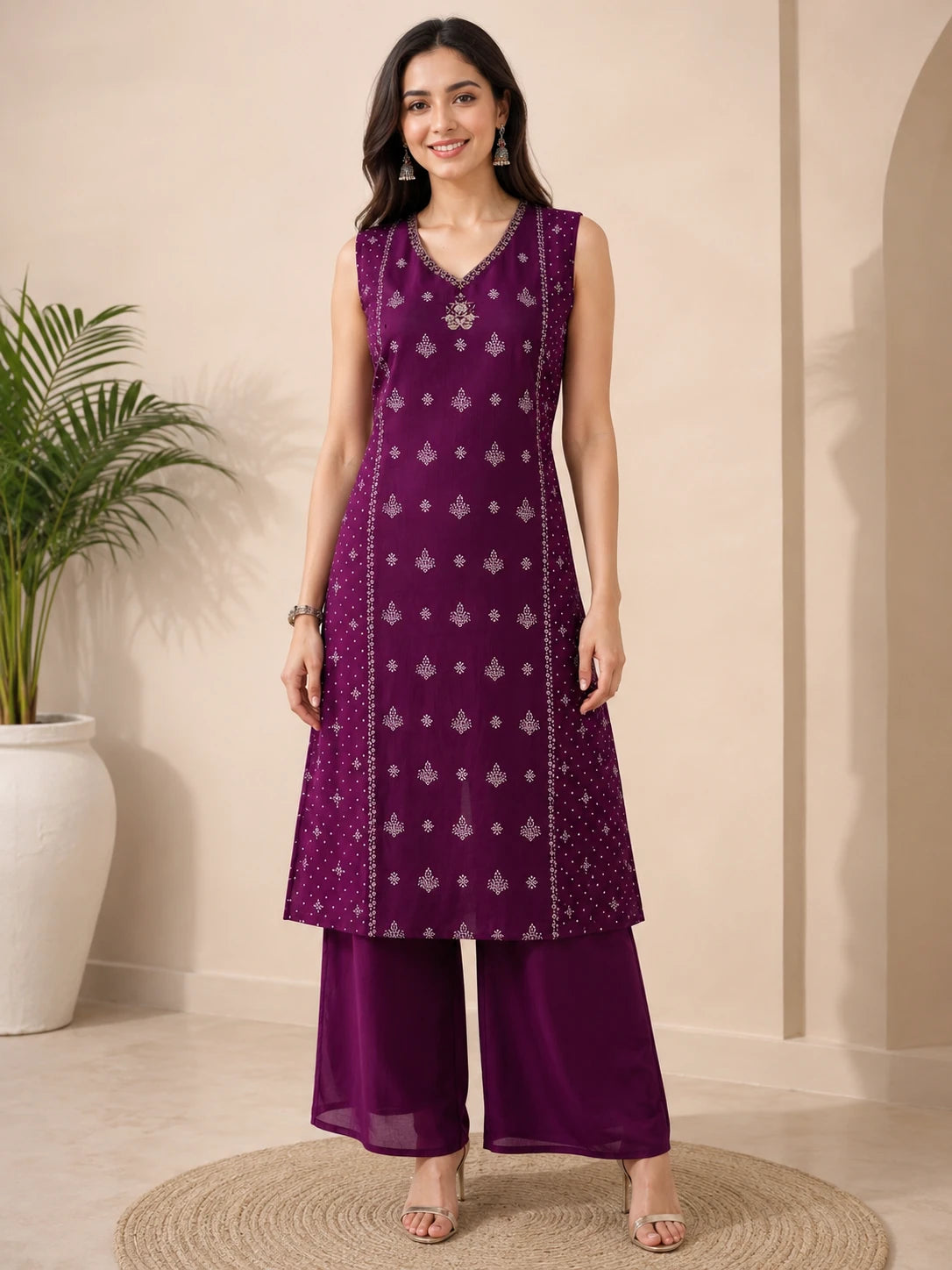 Purple Printed A-Line Kurta with Solid Palazzo