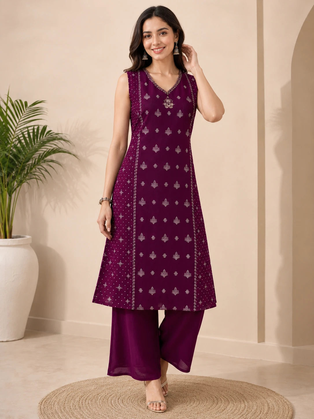 Purple Printed A-Line Kurta with Solid Palazzo