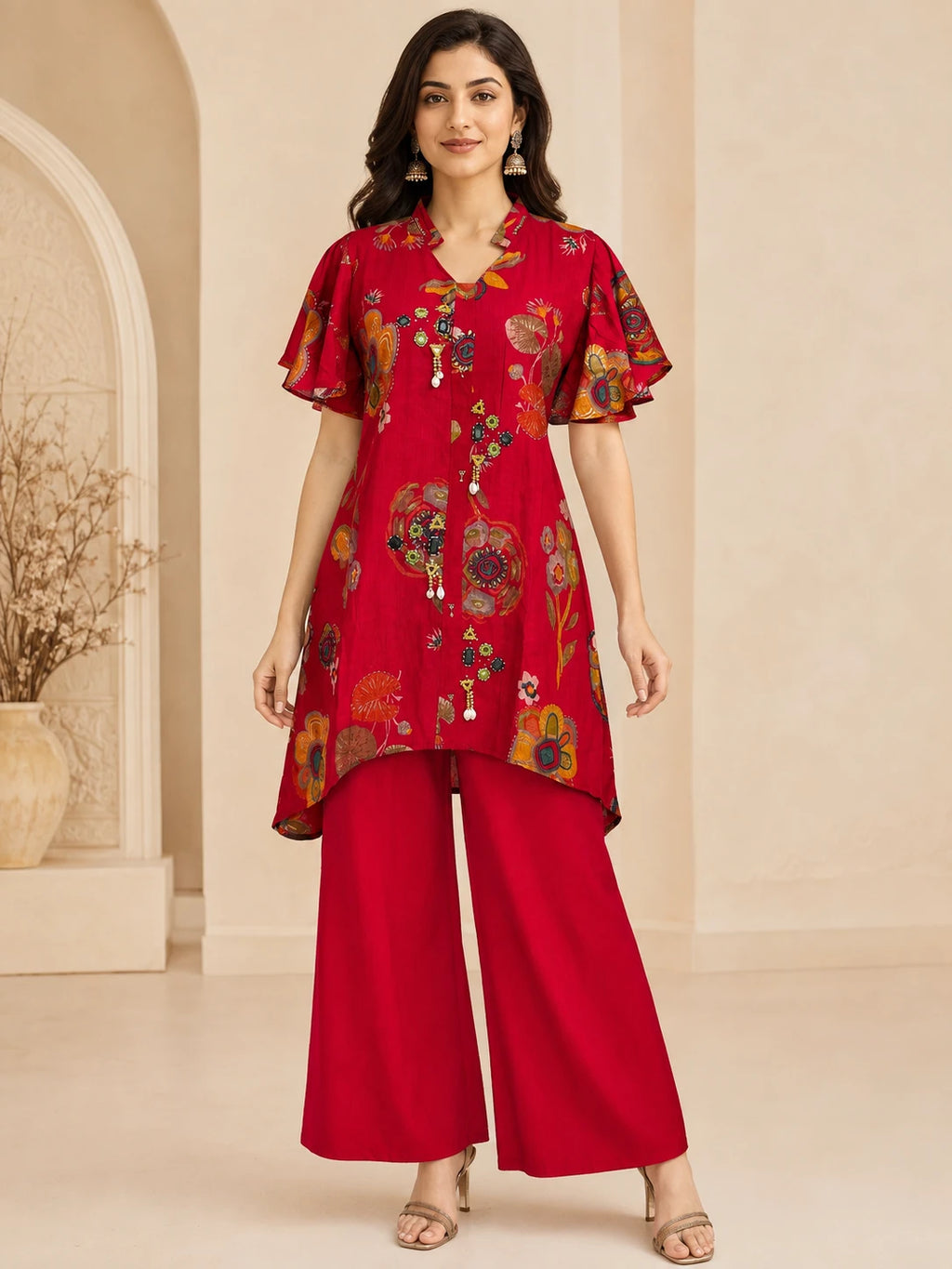 Ruby Red Printed Fish-Cut Short Kurta Co-ord Set