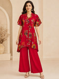 Ruby Red Printed Fish-Cut Short Kurta Co-ord Set
