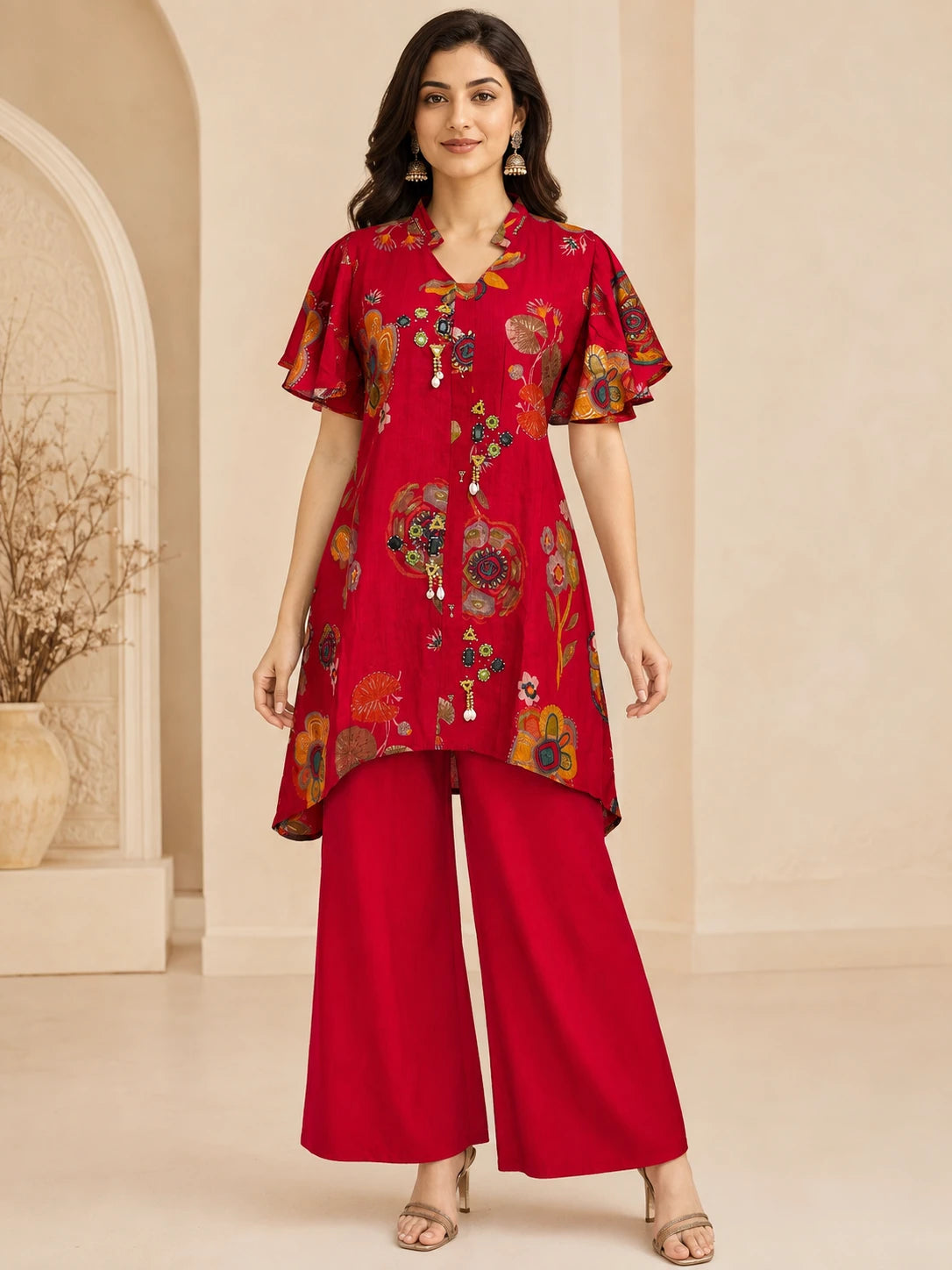 Ruby Red Printed Fish-Cut Short Kurta Co-ord Set